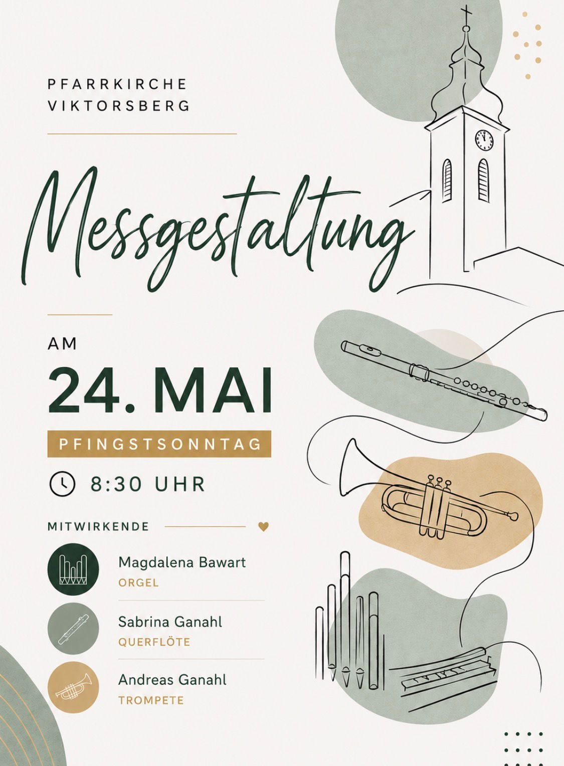 Eine Ankündigung für eine Messveranstaltung am 24. Mai um 8:30 Uhr. Beteiligte sind Magdalena Bawart an der Orgel und Sabrina Ganahl auf der Trompete. Viktorsberg ist der Ort.