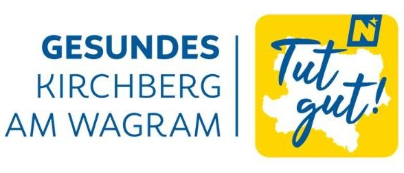 Logo für Gesundheits Kirchberg am Wagram mit einem gelben Quadrat, einer Karte und dem Text Tut gut!