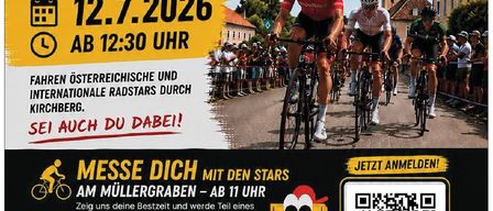Plakat für die Tour of Austria Radrennen am 12.7.2026, Beginn um 12:30 Uhr. Radfahrer fahren durch Kirchberg, Österreich. QR-Code und Anmeldeinformationen enthalten.