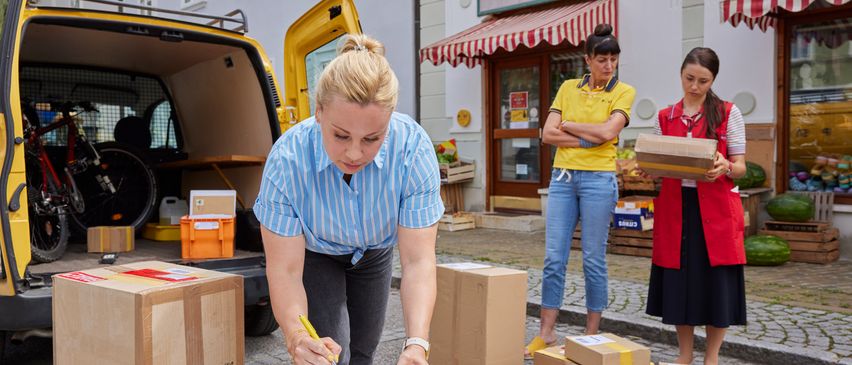 Bild enthält, Box, Cardboard, Carton, Package, Package Delivery, Person, Jeans, Female, Girl, Teen