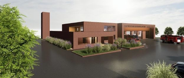 Bild enthält, Building, Villa, City, Office Building, Water, Grass, Neighborhood, Fire Truck, Garage, Car