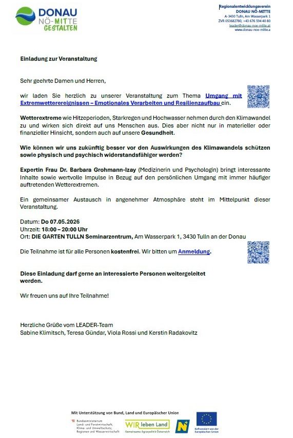 Sehr geehrte Damen und Herren, wir laden Sie herzlich zu unserer Veranstaltung zum Thema Umgang mit Extremwetterereignissen - Emotionales Verarbeiten und Resilienzaufbau ein. Wetterextreme wie Hitzeperioden, Starkregen und Hochwasser wirken sich direkt auf uns Menschen aus. Dies nicht nur in materieller oder finanzieller Hinsicht, sondern auch auf unsere Gesundheit.