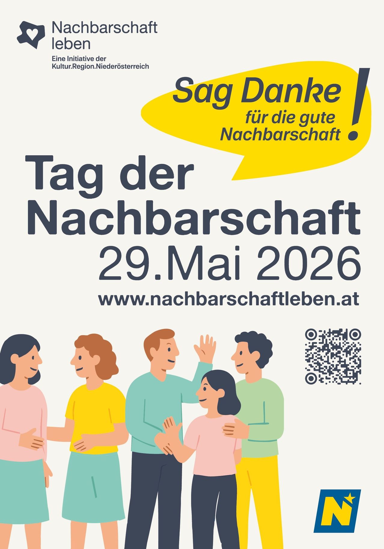 Plakat für den Nachbarschaftstag am 29. Mai 2026, mit einer Gruppe von Menschen, die sich an den Händen halten und lächeln, einer Sprechblase und einem QR-Code.