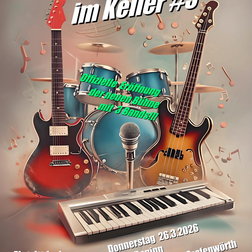 Ein Poster mit Gitarren, Trommeln und einer Tastatur. Deutsch steht 'Im Keller #6' mit dem Datum 26.03.2026. Musiknoten und ein Mikrofon sind ebenfalls zu sehen.