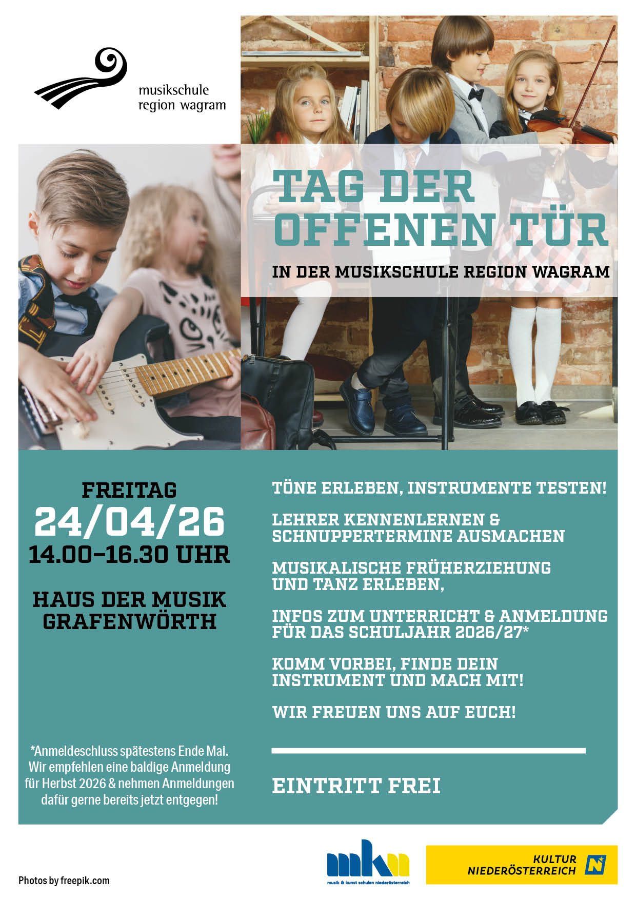 Tag der offenen Tür in der Musikschule Region Wagram am Freitag, 24. April 2026, von 14:00 bis 16:30 Uhr. Instrumente testen, Lehrer kennenlernen und musikalische Früherziehung und Tanz erleben. Infos zur Anmeldung und Unterricht für das Schuljahr 2026/27. Anmeldeschluss Ende Mai empfohlen.
