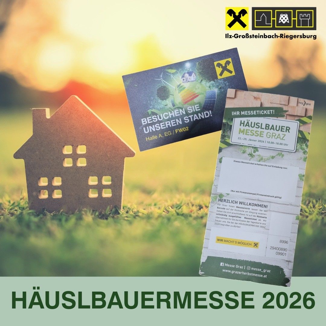 Ein Bild zeigt ein Plakat, das die Hausbauer Messe 2026 bewirbt. Es enthält ein kleines Hausmodell, ein Ticket und einen Hintergrund mit einem Sonnenuntergang. Das Plakat hebt Datum und Uhrzeit der Veranstaltung sowie eine Website für weitere Informationen hervor.