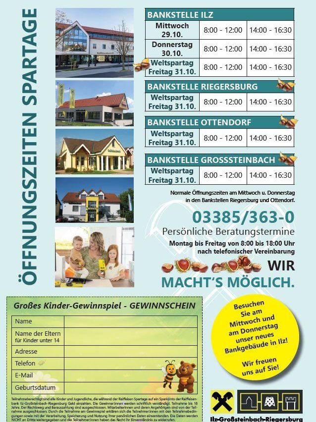 Das Bild zeigt die Öffnungszeiten von Bankfilialen. Mehrere Filialen haben ähnliche Öffnungszeiten: Mittwoch, Donnerstag und Freitag von 8:00 bis 12:00 Uhr und 14:00 bis 16:30 Uhr. Persönliche Beratungstermine sind von Montag bis Freitag von 8:00 bis 18:00 Uhr telefonisch möglich. Ein Kinderwettbewerb wird beworben.