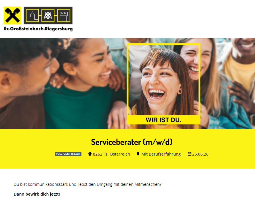 Advertisement for service worker position. Woman laughing with friends. Location: 8262 Ilz, Austria. Requires professional experience. Deadline: June 25, 2026.