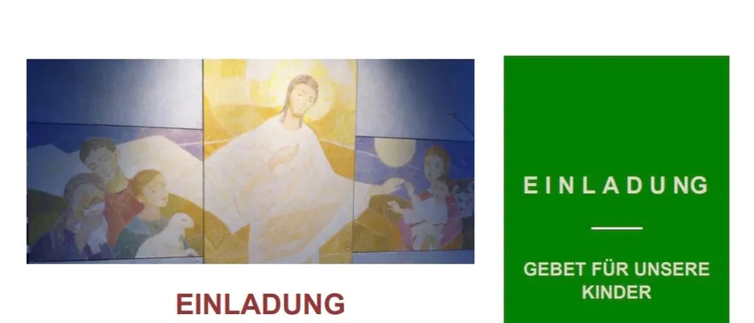 Eine Einladung zum Gebet für unsere Kinder am Freitag, den 23. Oktober 2026 um 17 Uhr in der Familienkapelle in Fraxern. Das Bild zeigt eine religiöse Szene mit Jesus, Kindern und einem Lamm, zusammen mit Text auf Deutsch.