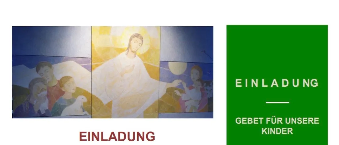 Eine Einladung zum Gebet für unsere Kinder am Freitag, den 23. Oktober 2026 um 17 Uhr in der Familienkapelle in Fraxern. Das Bild zeigt eine religiöse Szene mit Jesus, Kindern und einem Lamm, zusammen mit Text auf Deutsch.