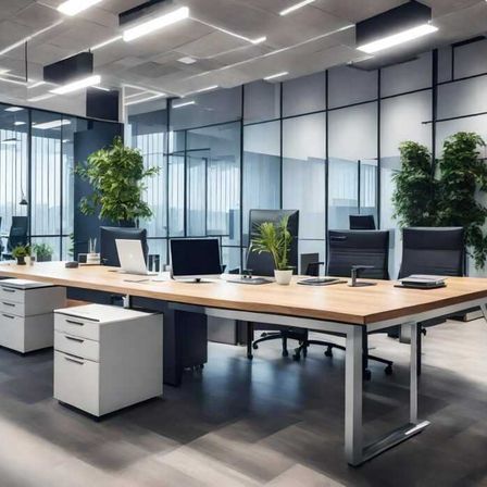 Bild enthält, Indoors, Furniture, Chair, Office, Desk, Table, Office Chair, Plant, Laptop, Monitor