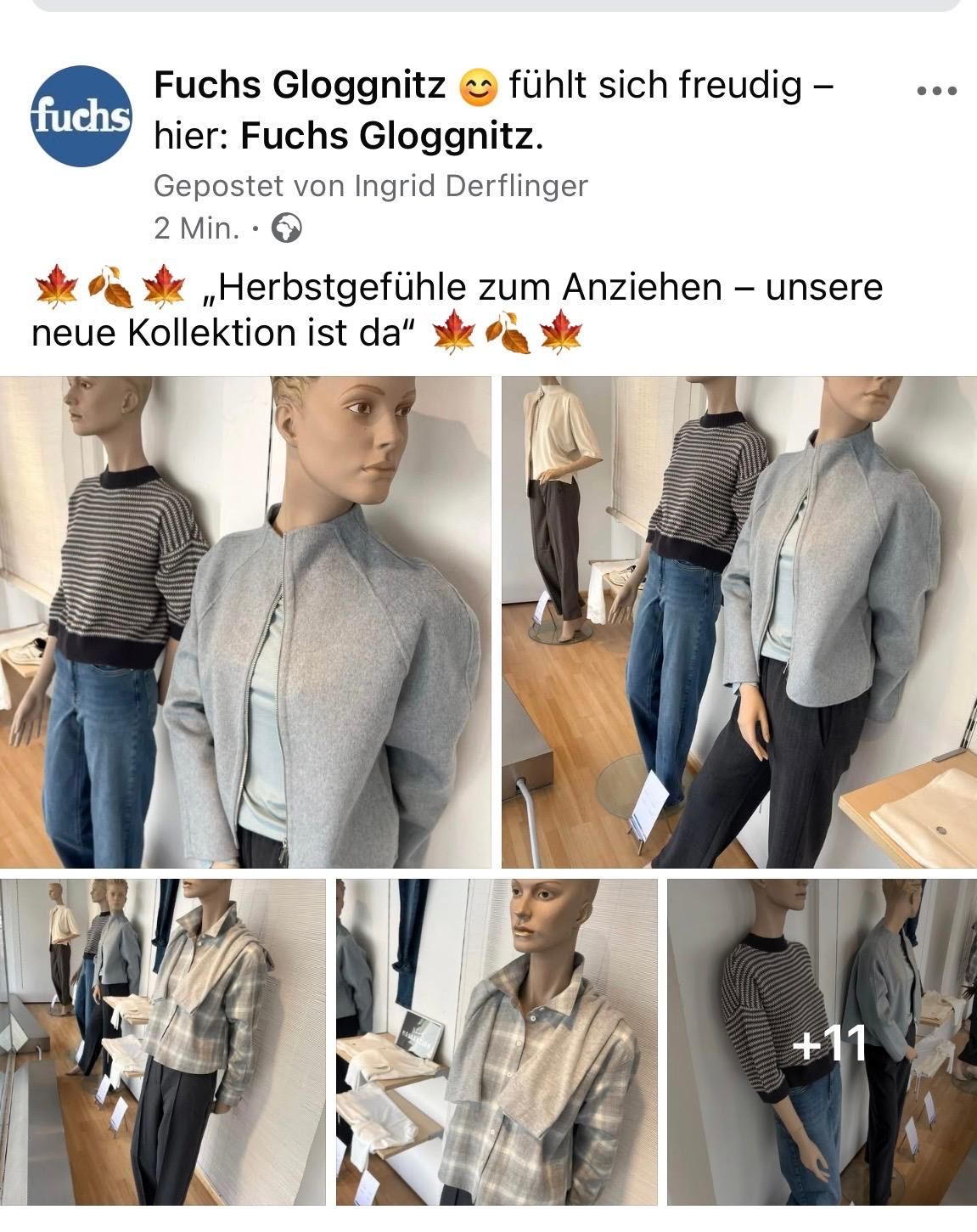 Eine Collage von Mannequins, die eine neue Herbstkollektion von Kleidung präsentieren. Links oben zeigt ein gestreiftes Hemd, rechts oben eine graue Jacke. Unten links zeigt ein kariertes Hemd und unten rechts ein gestreiftes Hemd mit Preisschild.