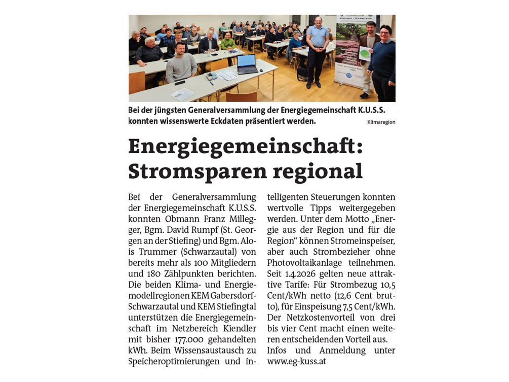 During the latest general assembly of the energy cooperative K.U.S.S., knowledgeable data was presented. At the general assembly, Obmann Franz Millegger, Bgm. David Rumpf, and Bgm. Alois Trummer shared over 100 members' knowledge and 180 payment points. The climate and energy model regions KEM Gabersdorf-Schwarzautal and KEM St. Stefan supported the energy cooperative in the network with 177,000 traded kWh.