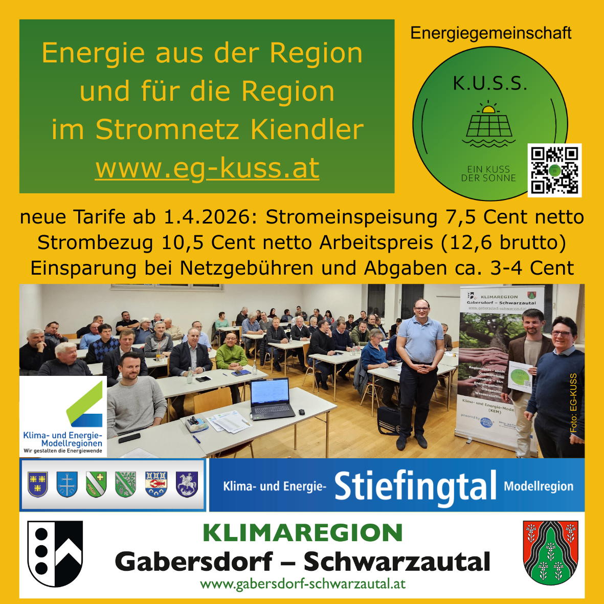 Poster promoting regional energy cooperation with logos, text about new tariffs, QR code, and a group of people in a classroom setting.