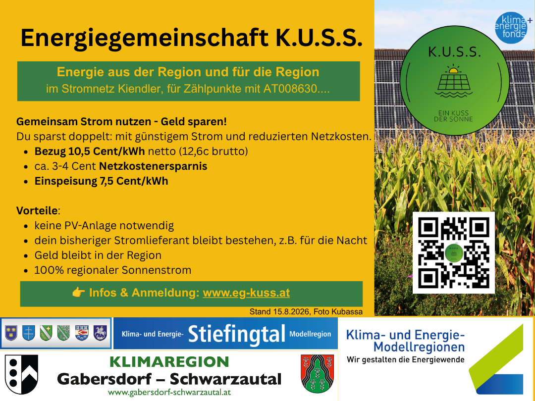 Werbung für eine regionale Energiegenossenschaft, K.U.S.S., mit Vorteilen der Nutzung lokaler Energie, Kosteneinsparungen und einem QR-Code für weitere Informationen.