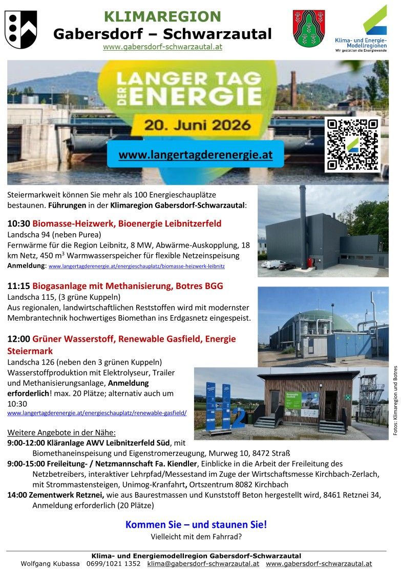 Plakat mit '20. Juni 2026' und QR-Code. Veranstaltungen umfassen Biomasse-Heizwerk, Biogasanlage und Wasserstoffproduktion. Details zu Orten, Kapazitäten und Anmeldung. Fotos zeigen Industrieanlagen.