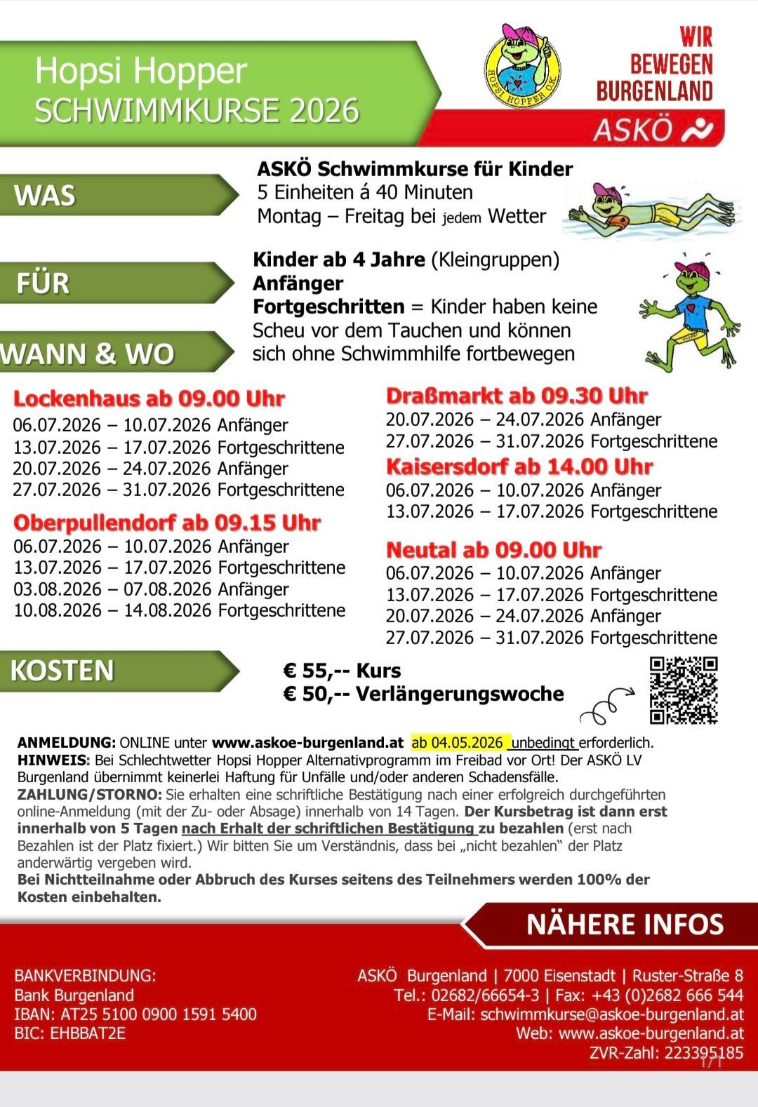 Das Poster informiert über einen Schwimmkurs für Kinder ab 4 Jahren. Es bietet Termine für Anfänger und Fortgeschrittene an. Der Kurs findet an verschiedenen Orten zu unterschiedlichen Zeiten statt. Stornierungen müssen innerhalb von 5 Tagen nach Erhalt der Bestätigung erfolgen.