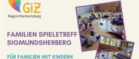 Poster for a family play meeting in Sigmundsherberg for families with children aged 3-10, featuring a collage of children playing and exercising indoors.