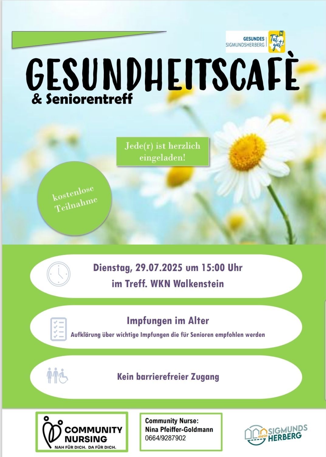 Plakat für ein Gesundheitscafé und Seniorentreffen am 29.07.2025 um 15:00 in Treff WKN Walkenstein. Kostenlose Anmeldung. Vorträge über wichtige Impfungen für Senioren. Barrierefreier Zugang.