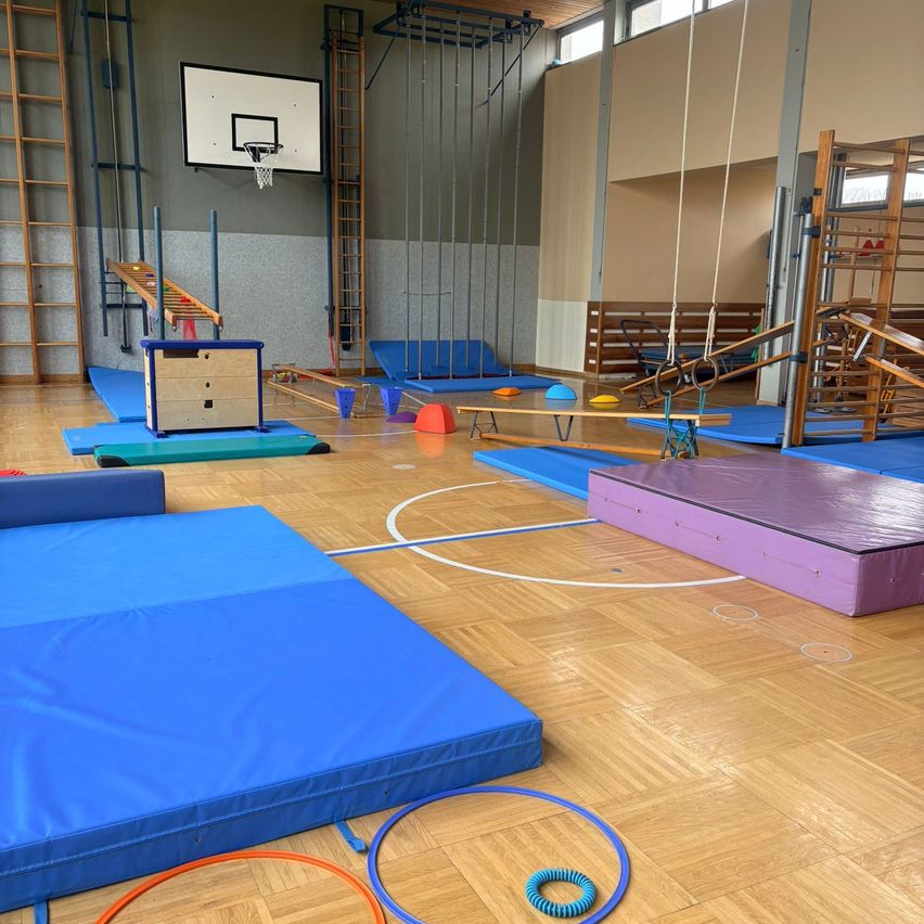 Ein Indoor-Fitnessstudio mit Basketballkorb und verschiedenen Trainingsgeräten, darunter Matten, Leitern und Ringe, auf einem Holzboden.