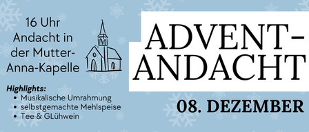 Ein Bild mit einer Kirchenzeichnung und Schneeflocken im Hintergrund. Der Text lautet 'ADV ANDA' und darunter 'mmung 08. Dehlspeise'.