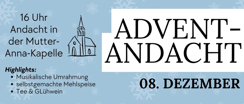 Ein Bild mit einer Kirchenzeichnung und Schneeflocken im Hintergrund. Der Text lautet 'ADV ANDA' und darunter 'mmung 08. Dehlspeise'.