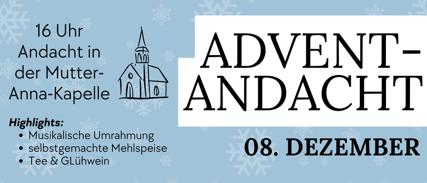 Ein Bild mit einer Kirchenzeichnung und Schneeflocken im Hintergrund. Der Text lautet 'ADV ANDA' und darunter 'mmung 08. Dehlspeise'.