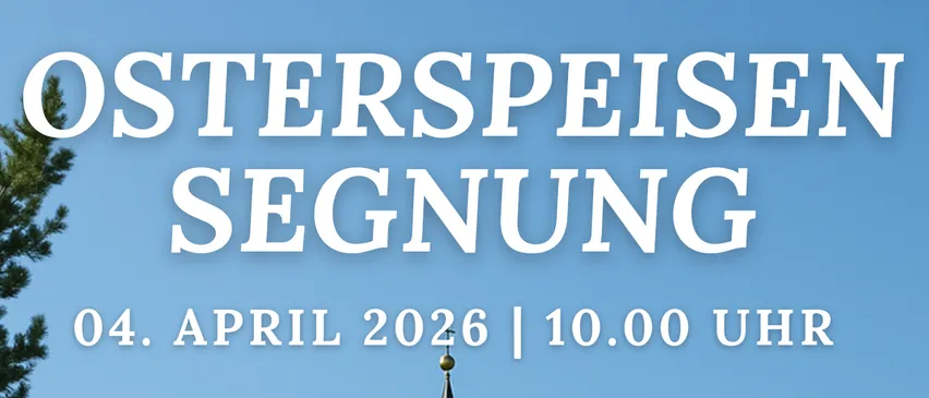 Eine gelbe Kirche auf einem Hügel unter blauem Himmel. Datum und Uhrzeit für eine Segnung werden angezeigt.