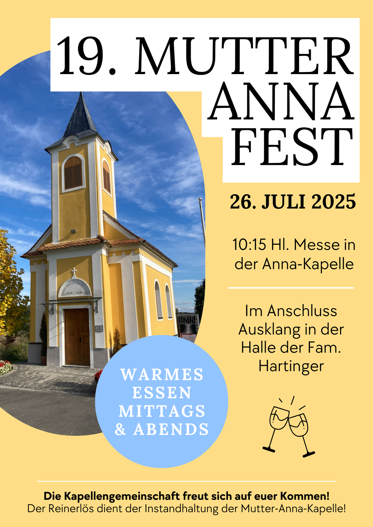 Anna Fest am 26. Juli 2025. Eine Messe um 10:15 Uhr in der Anna-Kapelle. Warmes Essen, Mittag und Abend in der Hartinger Halle.
