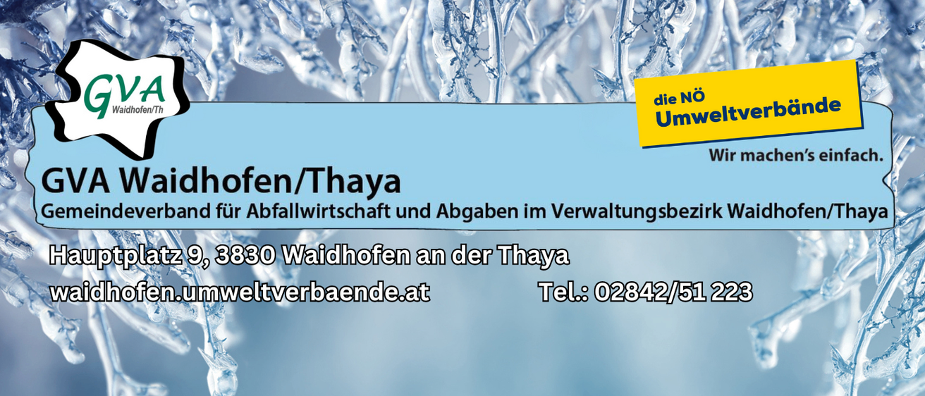 Eine Werbung für Waidhofen an der Thaya mit Kontaktdaten. Der Hintergrund zeigt Eisstrukturen.