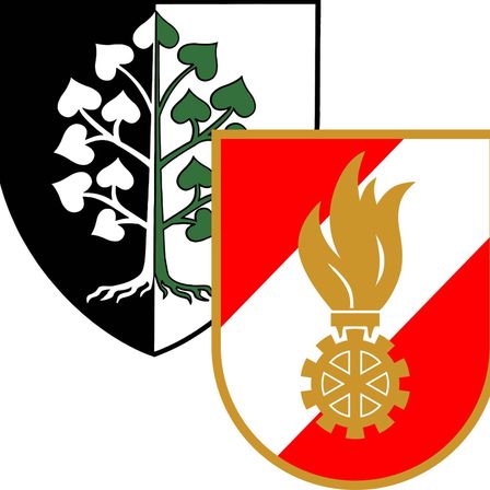 Ein schwarz-weißes Wappen mit einem Baum auf der linken Seite und einem Feuerlogo auf der rechten Seite.