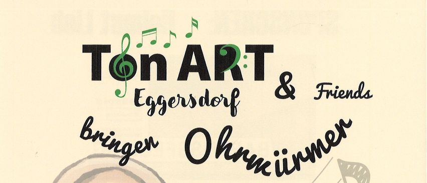 Plakat für Ohnimmer-Veranstaltung in Eggersdorf am 31. Mai und 1. Juni 2025. Es zeigt ein Ohr, Musiknoten und Informationen über die Veranstaltung in der Kulturhalle Eggersdorf. Der Eintritt kostet 12 Euro, der ermäßigte Preis 15 Euro. Gastgeber sind Chormitglieder Frisör Fechtinger & Café Rosenberger.