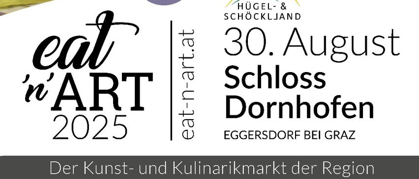 Plakat für die Kunstveranstaltung 'eat n ART 2025' in Eggersdorf bei Graz. Zeigt einen Baum mit Kunstwerken und Informationen über die Veranstaltung am 30. August 2025.