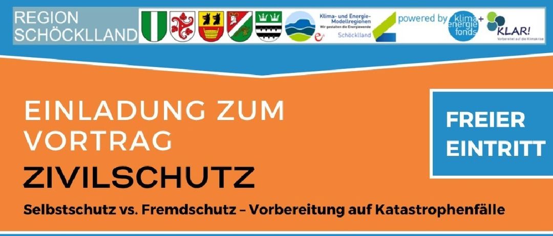 Einladung zu einem kostenlosen Vortrag über Selbstschutz versus Fremdschutz - Vorbereitung auf Katastrophenfälle. Der Vortrag findet am Mittwoch, 12. November 2025, um 19:00 Uhr in der Kulturhalle Eggersdorf statt.