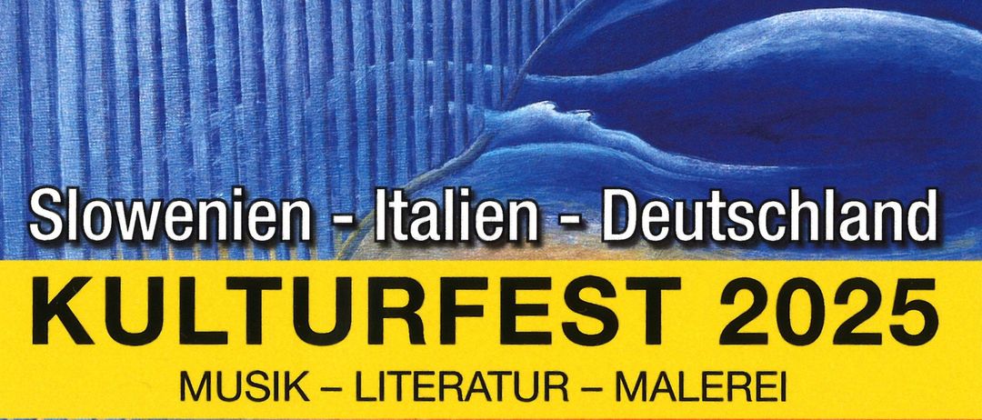 Plakat für das Kulturfest 2025, mit blauen Wellen und einem Fisch, mit Veranstaltungen in Slowenien, Italien und Deutschland. Geplant für den 8. November um 18:00 Uhr und den 9. November um 11:00 Uhr.