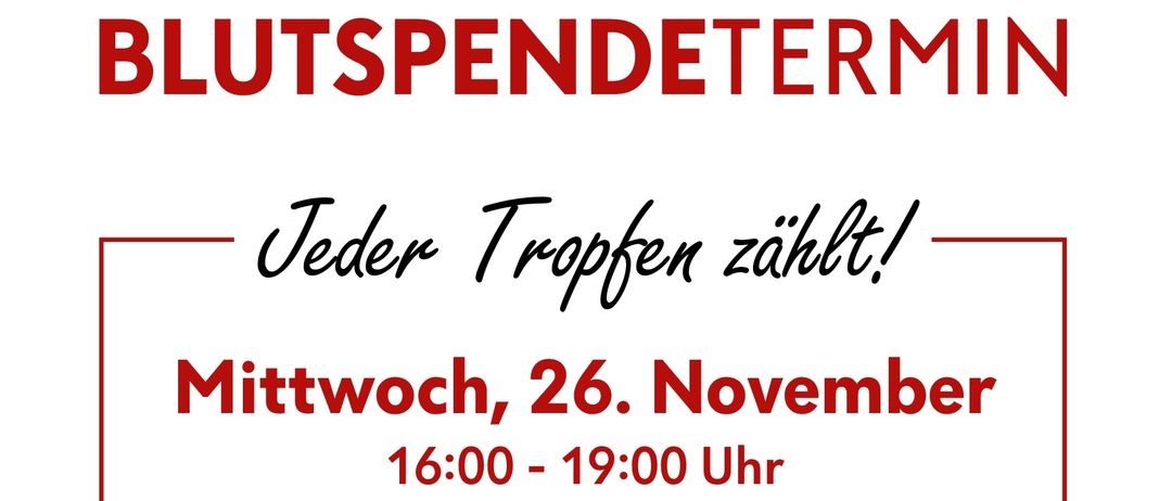 Plakat mit einer lächelnden jungen Frau, die auf ein T-Shirt mit der Aufschrift 'Jeder Tropfen zählt' zeigt. Veranstaltung am 26. November von 16:00 bis 19:00 Uhr in Eggersdorf bei Graz Mittelschule, Schulgasse 3. QR-Code für Blutspende App.