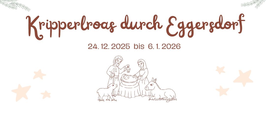 Ein Plakat mit einer Karte von Eggersdorf zeigt einen Rundweg mit nummerierten Haltepunkten. Die Route umfasst verschiedene Orte wie ein Musikpavillon, ein Familiengeschäft und eine Bäckerei. Oben ist eine Krippe abgebildet.