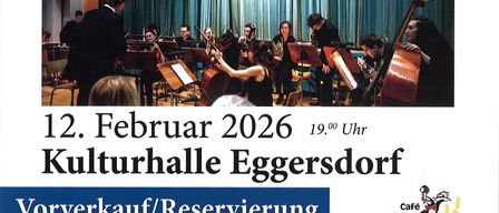 Ein Plakat für ein klassisches Musikevent mit einem Orchester und Solisten. Die Oper Don Pasquale von Gaetano Donizetti wird am 12. Februar 2026 um 19:00 Uhr in der Kulturhalle Eggersdorf aufgeführt.