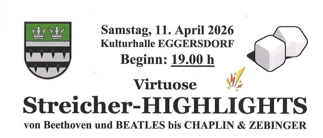 Plakat verkündet 'Virtuous Streicher-HIGHLIGHTS' mit dem ALEA-Ensemble, bestehend aus Geigerinnen Sigrid und Igmar, Cellist Tobias und Moderator Gerhard. Beginn um 19:00. Ticketpreise und Veranstaltungsort inklusive.
