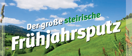 Plakat für die große steirische Frühjahrsputzaktion. Termine: 21. März bis 9. Mai 2026. Grünes Feld, blauer Himmel, Berge im Hintergrund. STOP Littering Logo und weitere Logos vorhanden. Kontaktinfos und QR-Codes unten.