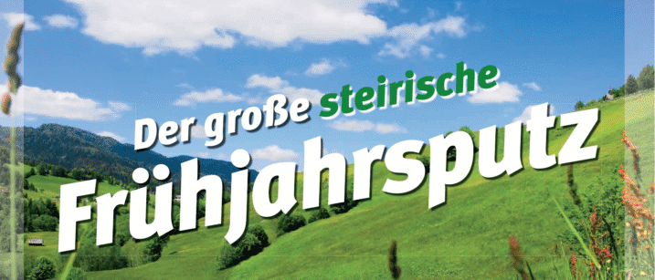 Plakat für die große steirische Frühjahrsputzaktion. Termine: 21. März bis 9. Mai 2026. Grünes Feld, blauer Himmel, Berge im Hintergrund. STOP Littering Logo und weitere Logos vorhanden. Kontaktinfos und QR-Codes unten.