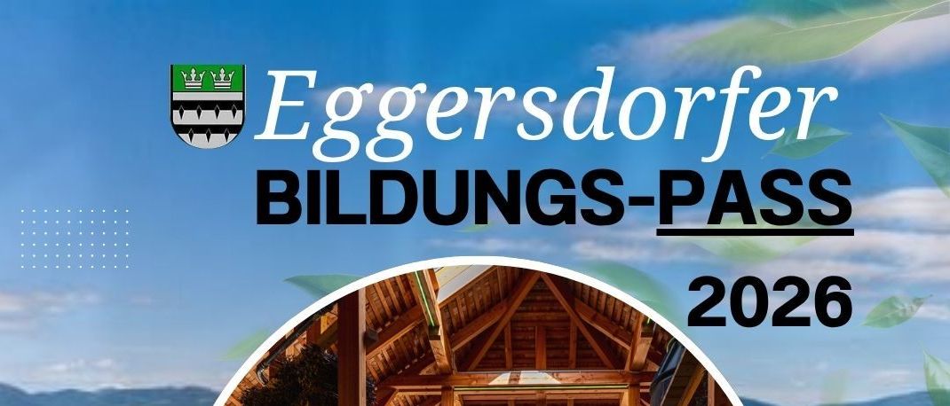 Ein Plakat für die Veranstaltung Eggerstorfer Bildungs-Pass 2026. Es zeigt einen Workshop im Gemeindezentrum mit Bienenstöcken und einem Pool. Das Datum ist der 14. April 2026, von 15:00 bis 17:00 Uhr.