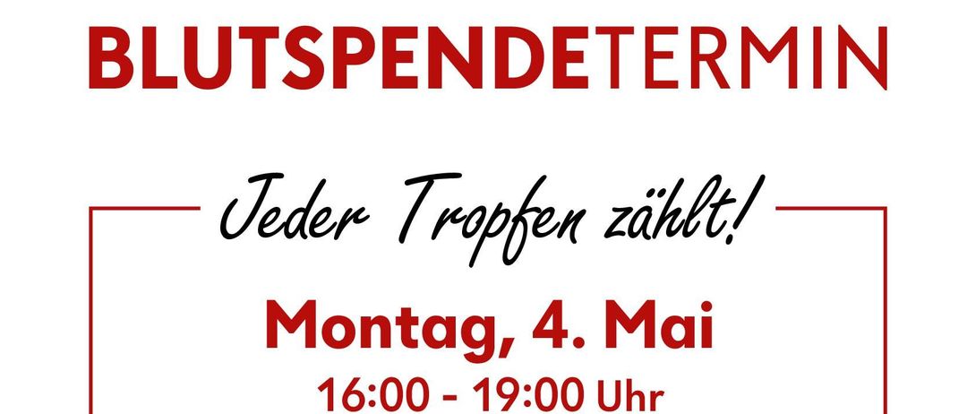 Plakat für eine Blutspende-Veranstaltung am 4. Mai, 16:00-19:00 in Eggersdorf bei Graz. QR-Code und Slogan 'Jeder Tropfen zählt!'. Frau zeigt auf ihr T-Shirt.