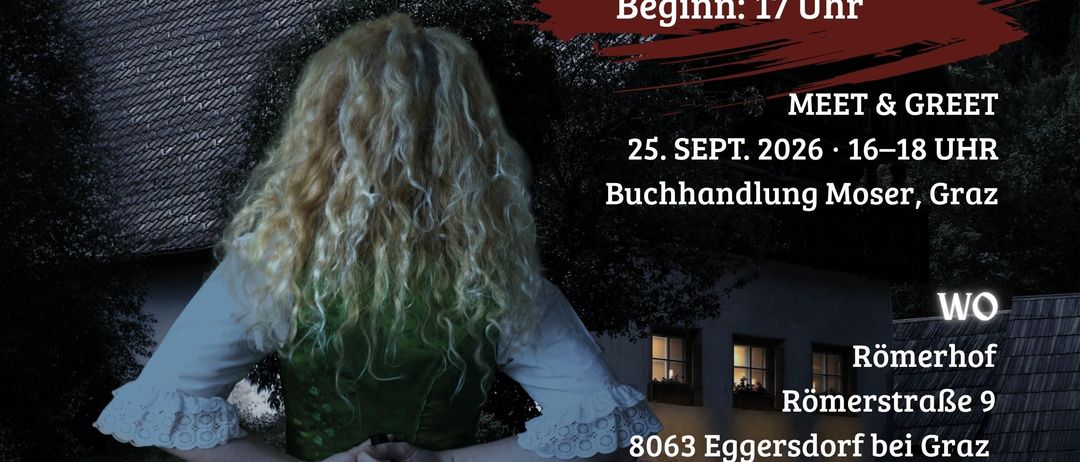 Plakat für ein Festival mit kriminalistischen Geschichten, mit einer Frau, die ein Messer hält, dunklem Hintergrund und Veranstaltungsdetails.