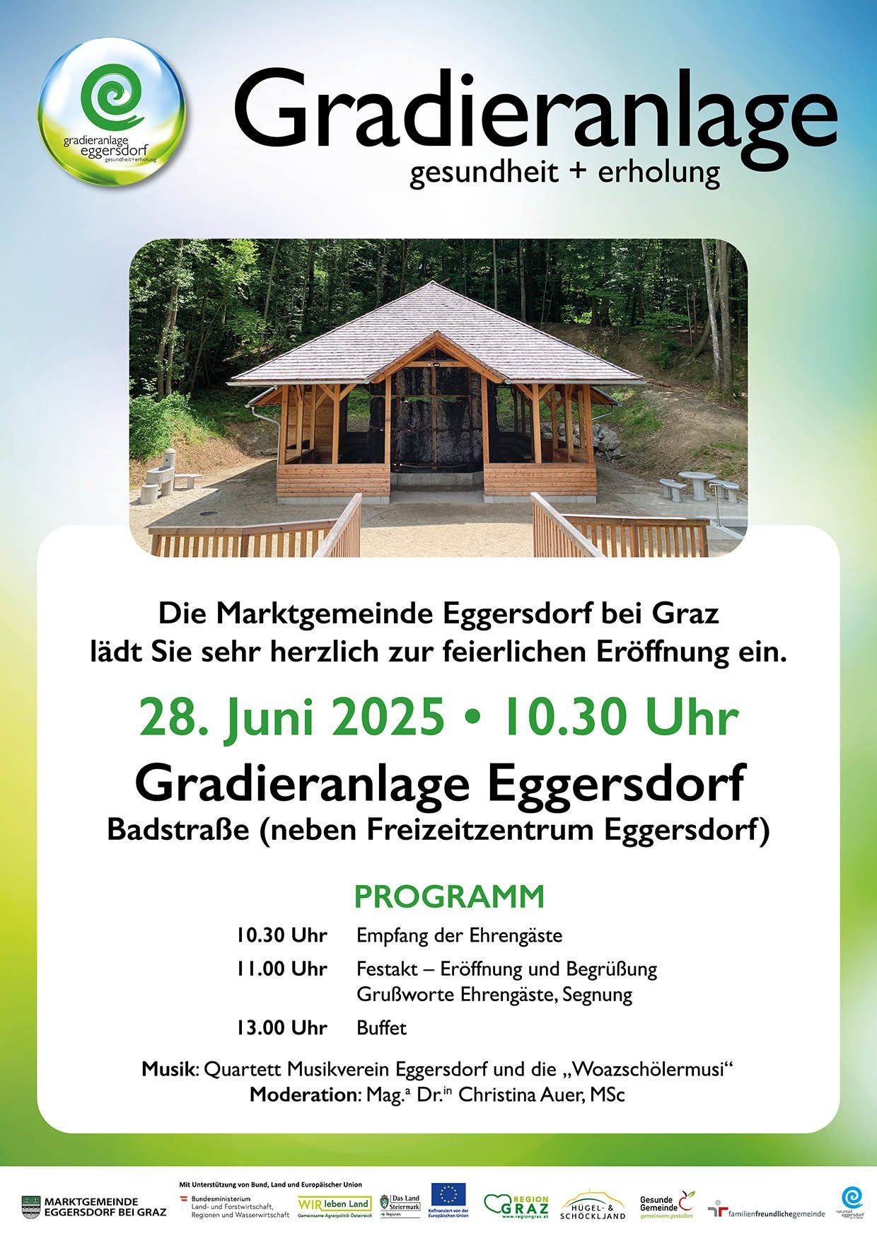 Einladung der Marktgemeinde Eggersdorf bei Graz zur festlichen Eröffnung am 28. Juni 2025 um 10:30 Uhr. Programm: Empfang der Ehrengäste, Eröffnung und Begrüßung, Grußworte, Segen und Buffet.