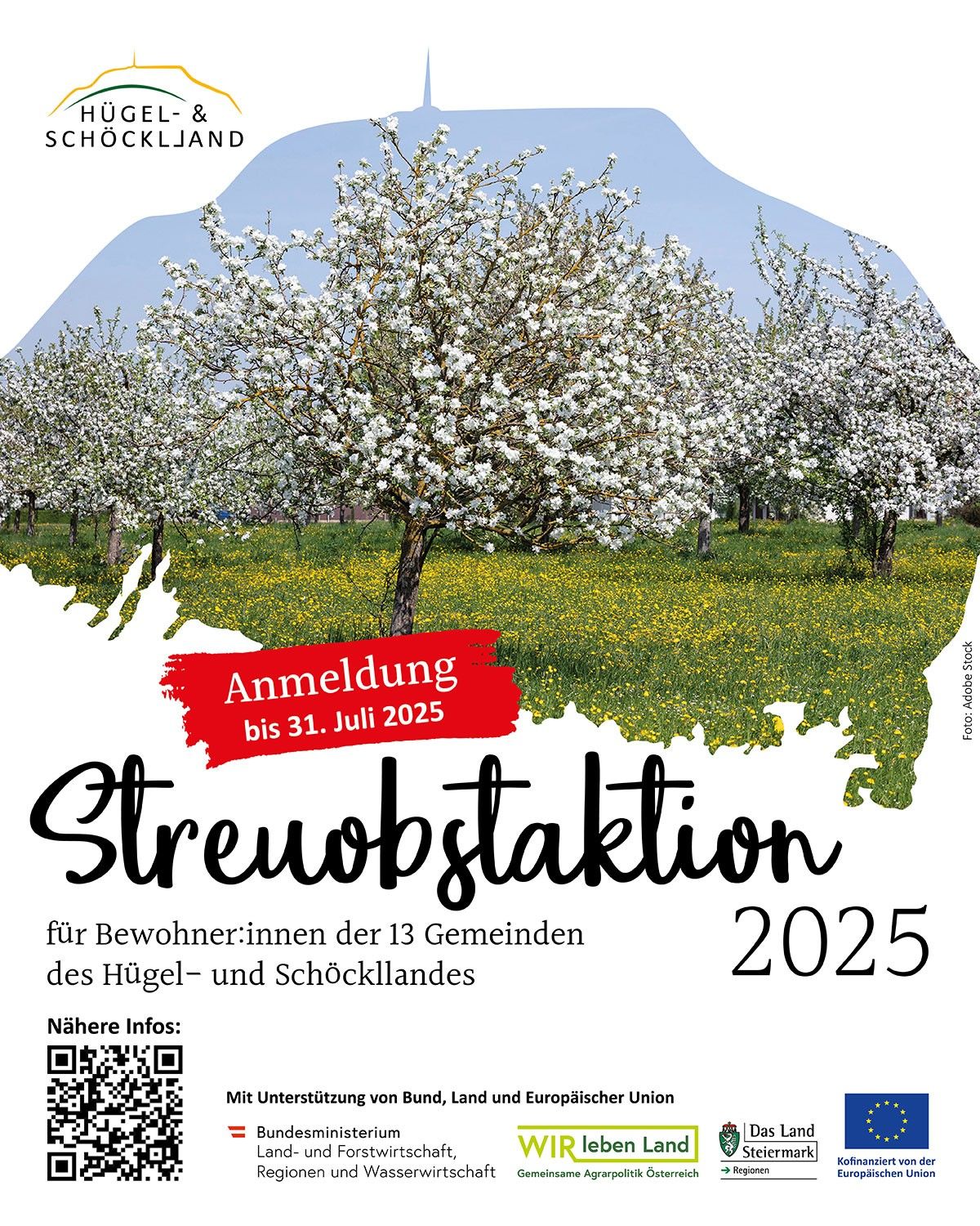 Werbeposter für die Strohsammlung 2025 für Einwohner der 13 Gemeinden im Hügel-und Schöckllandsgebiet. Anmeldefrist ist der 31. Juli 2025. Gefördert von Bund, Land und Europäischer Union. QR-Code für weitere Informationen.