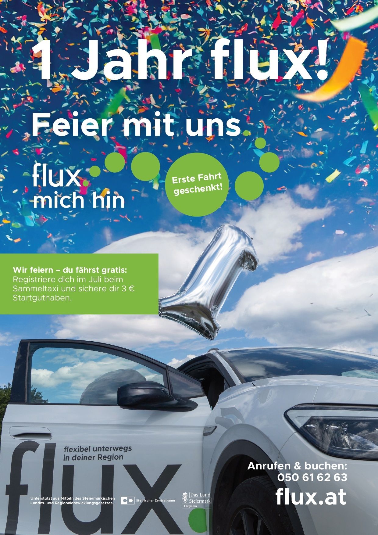 Eine Werbung für ein Autovermietungsunternehmen. Das Auto ist weiß mit einem silbernen Ballon darüber. Eine Nachricht lautet: 'Feiern Sie mit uns. Die erste Fahrt ist kostenlos!'. Der Text wird von einem festlichen Hintergrund begleitet.