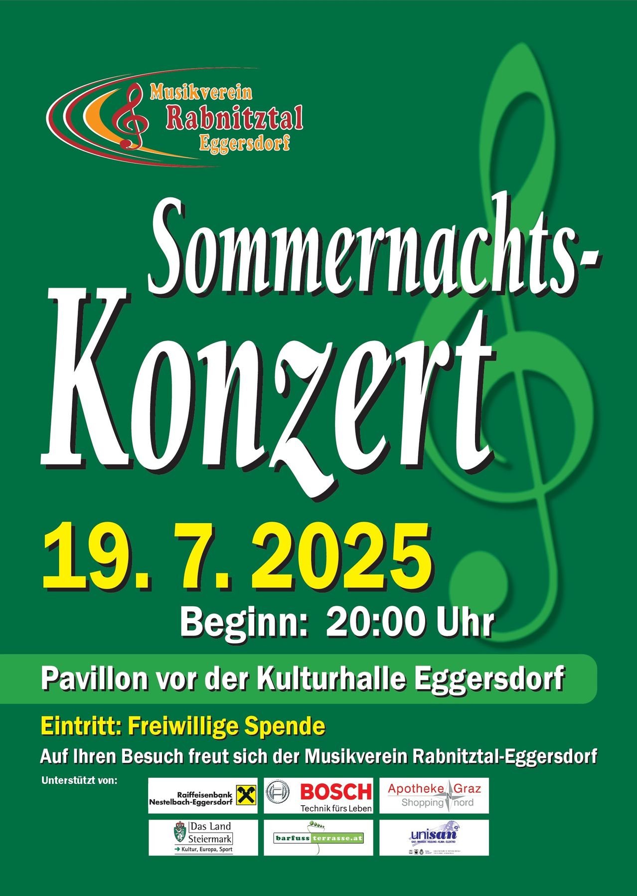 Plakat für das Sommernachts-Konzert in Eggersddorf. Die Veranstaltung ist für den 19. Juli 2025 angesetzt, Beginn um 20:00 Uhr. Das Konzert findet im Pavillon vor der Kulturhalle Eggersddorf statt. Der Eintritt ist frei, Spenden sind willkommen.