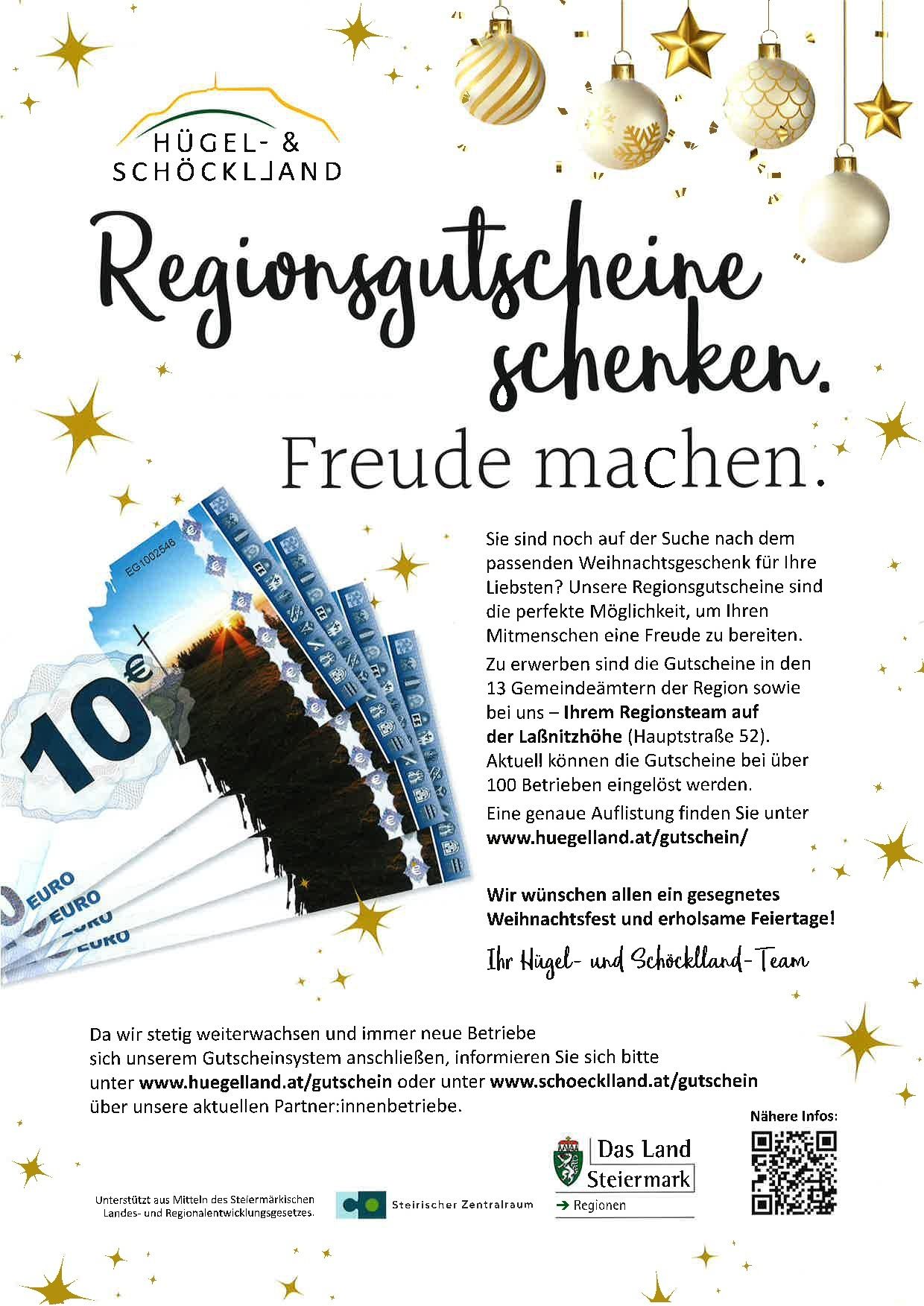 Die Anzeige zeigt regionale Gutscheine mit festlicher Hintergrundgestaltung. Die Gutscheine werden als perfekte Weihnachtsgeschenke hervorgehoben, um Freude zu bereiten. Sie können in 13 Gemeinden der Region und online erworben werden, mit über 100 teilnehmenden Betrieben. Eine detaillierte Liste finden Sie unter www.huegeland.at/gutschein/. Das Team wünscht allen ein gesegnetes Weihnachtsfest und erholsame Feiertage.