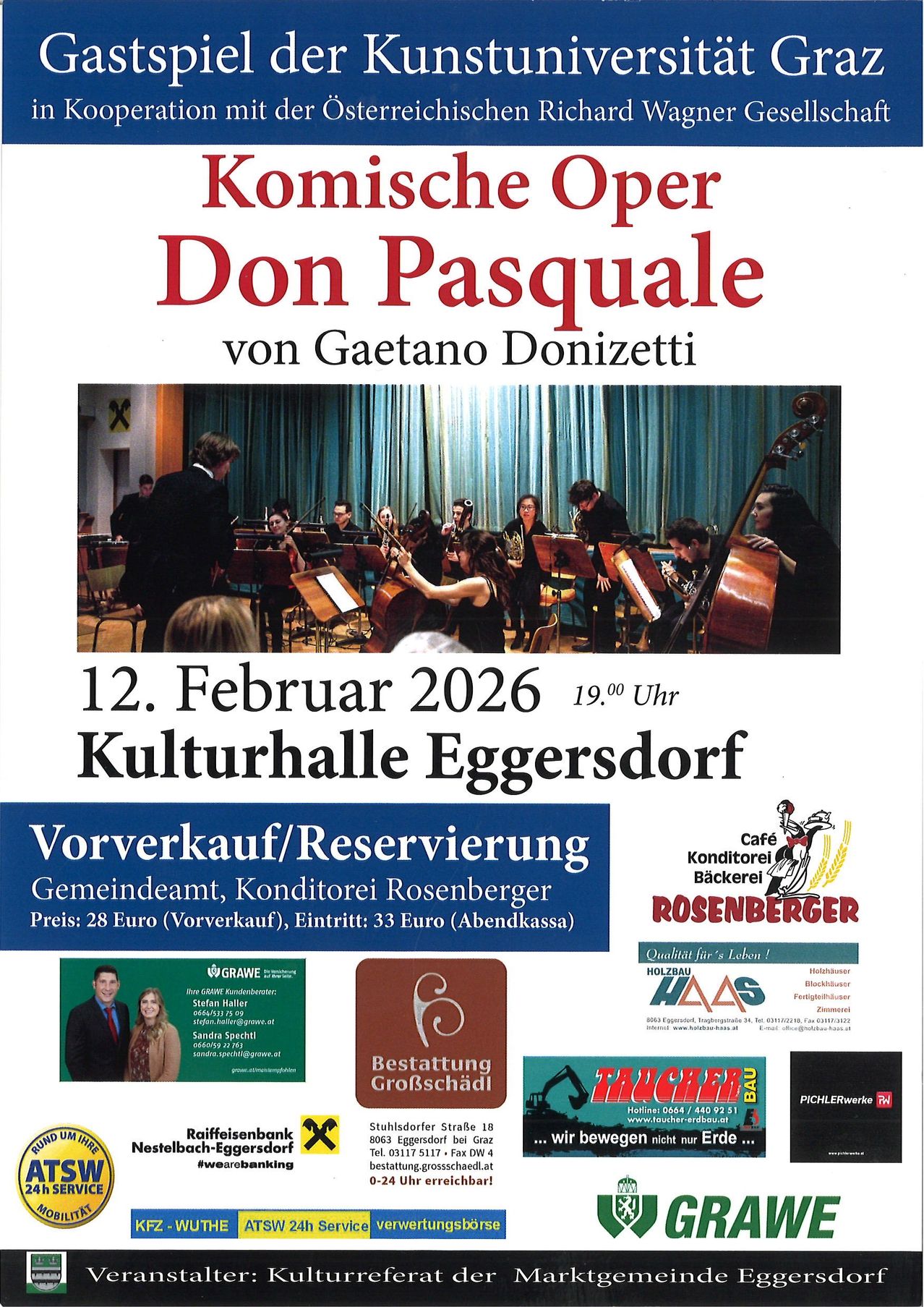 Ein Plakat für die italienische Oper Don Pasquale von Gaetano Donizetti. Die Aufführung ist für den 12. Februar 2026 um 19 Uhr in der Kulturhalle Eggersdorf geplant. Ticketpreise sind 28 Euro für den Vorverkauf und 33 Euro an der Abendkasse. Auch Werbung für eine Bäckerei und ein Bauunternehmen ist vorhanden.